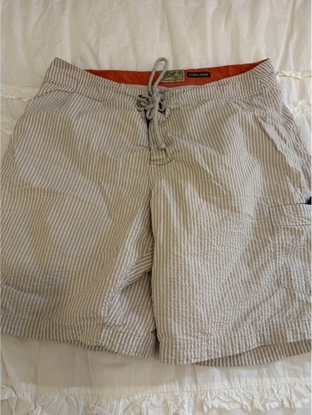 J.Crew The Original Longboard Shorts Mens 36 Taupe Gray Stripe Seersucker